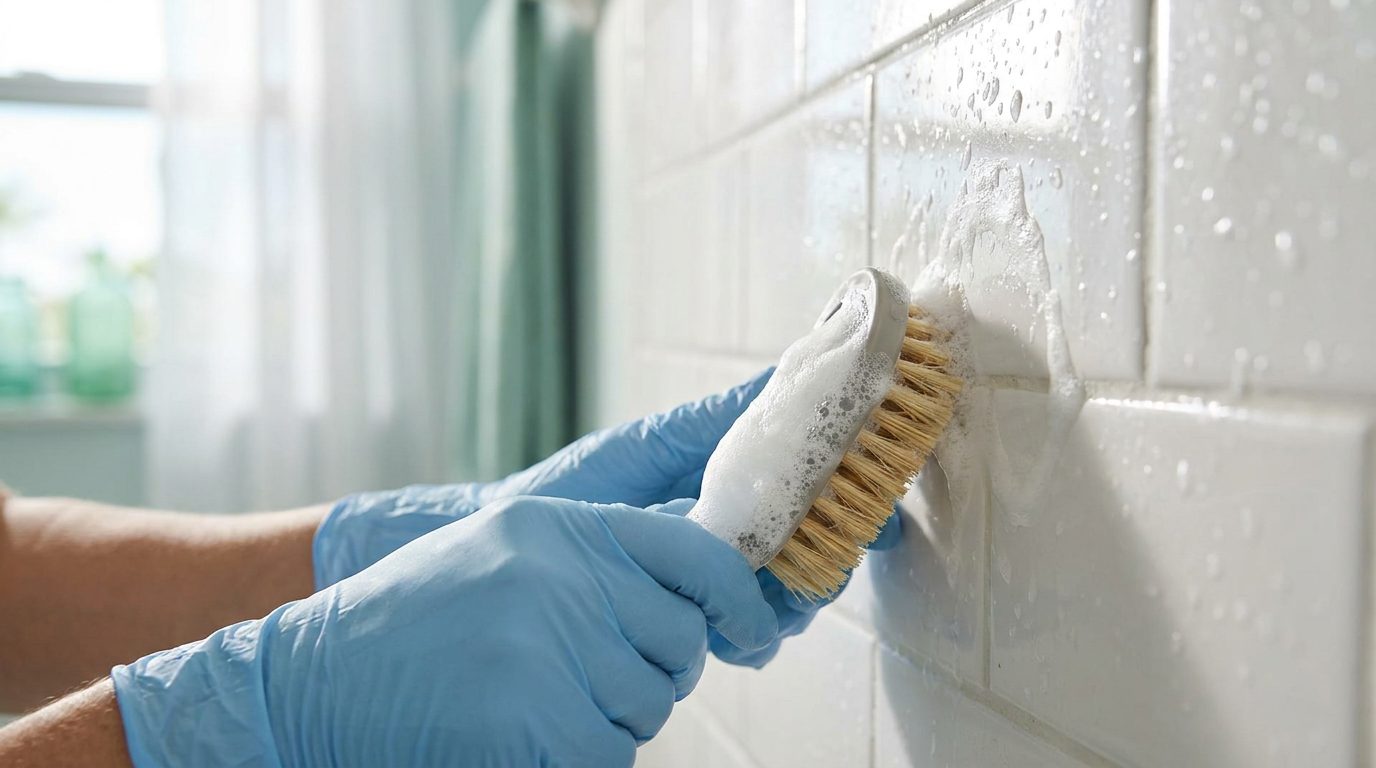 A Luminova cleaner scrubbing tile grout during a deep clean
