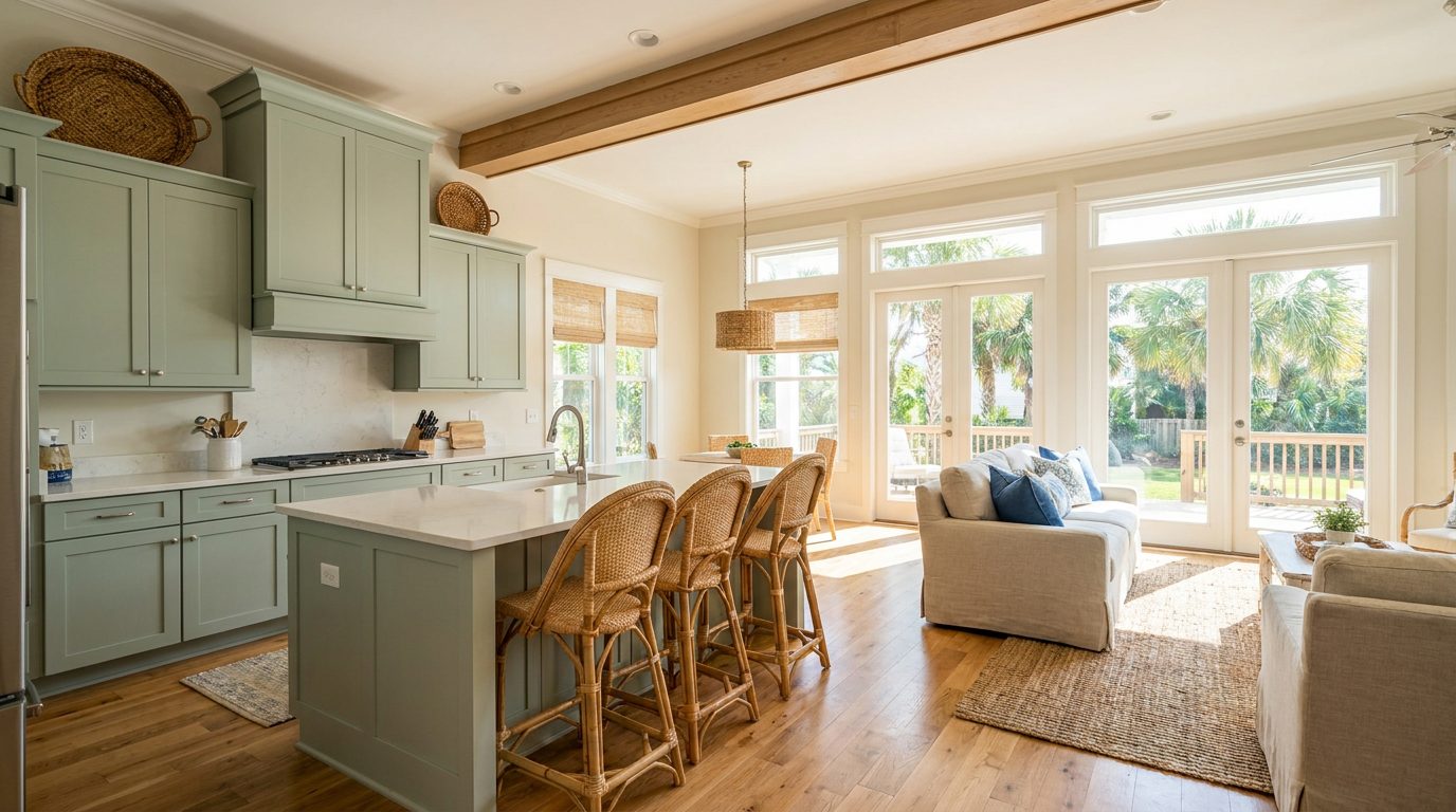A bright coastal kitchen and living room after a Luminova clean